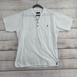 Blanc du Nil Henley Shirt Mens L White Cotton Textured Band Collar Short Sleeve
